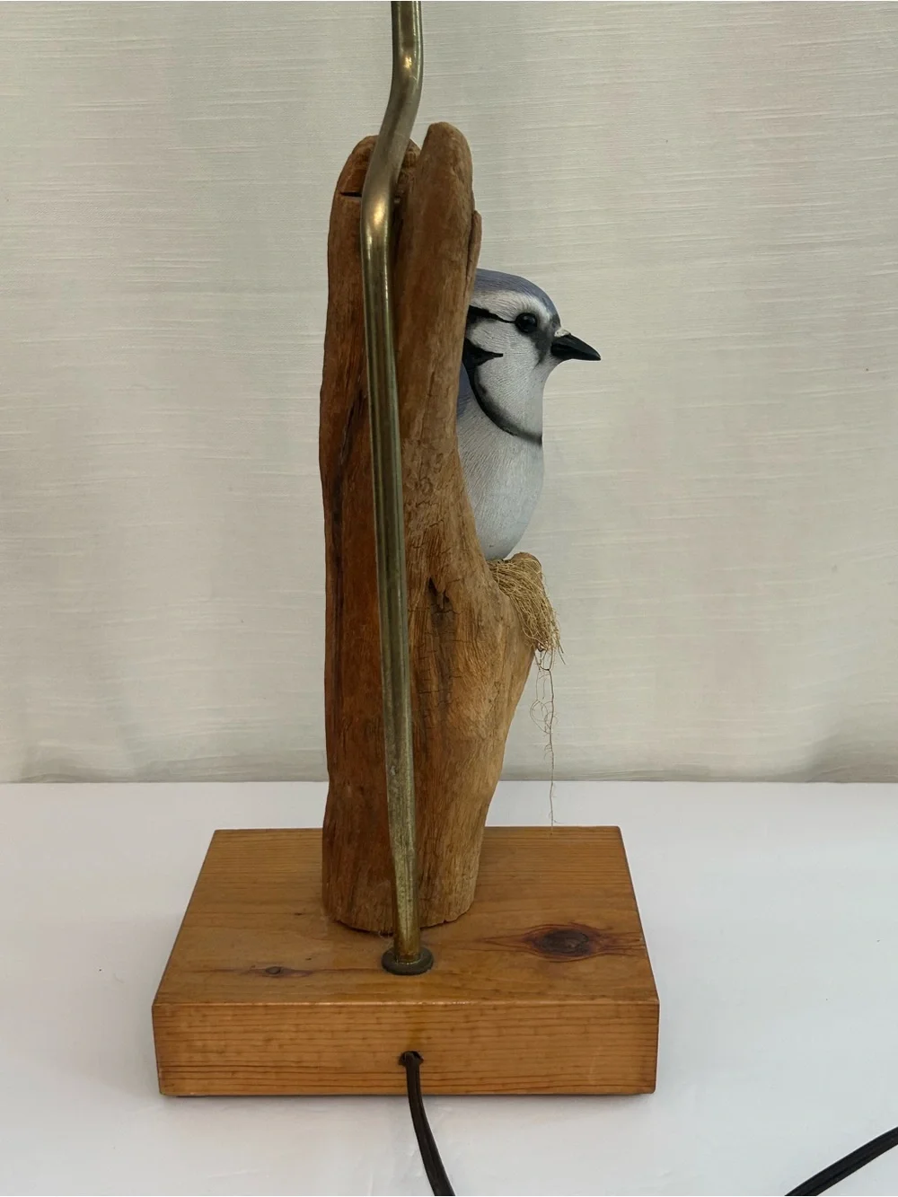 Likely Vintage Driftwood and Bluebird Maximalist Statue Working Lamp